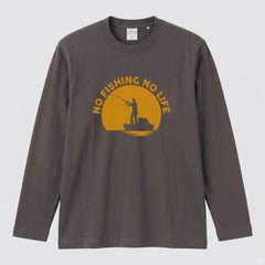 NO FISHING NO LIFE | 釣り イラスト サンセット アングラー 英字ロゴ 長袖Tシャツ【釣り好き・海釣り・バス釣り・プレゼントに最適】