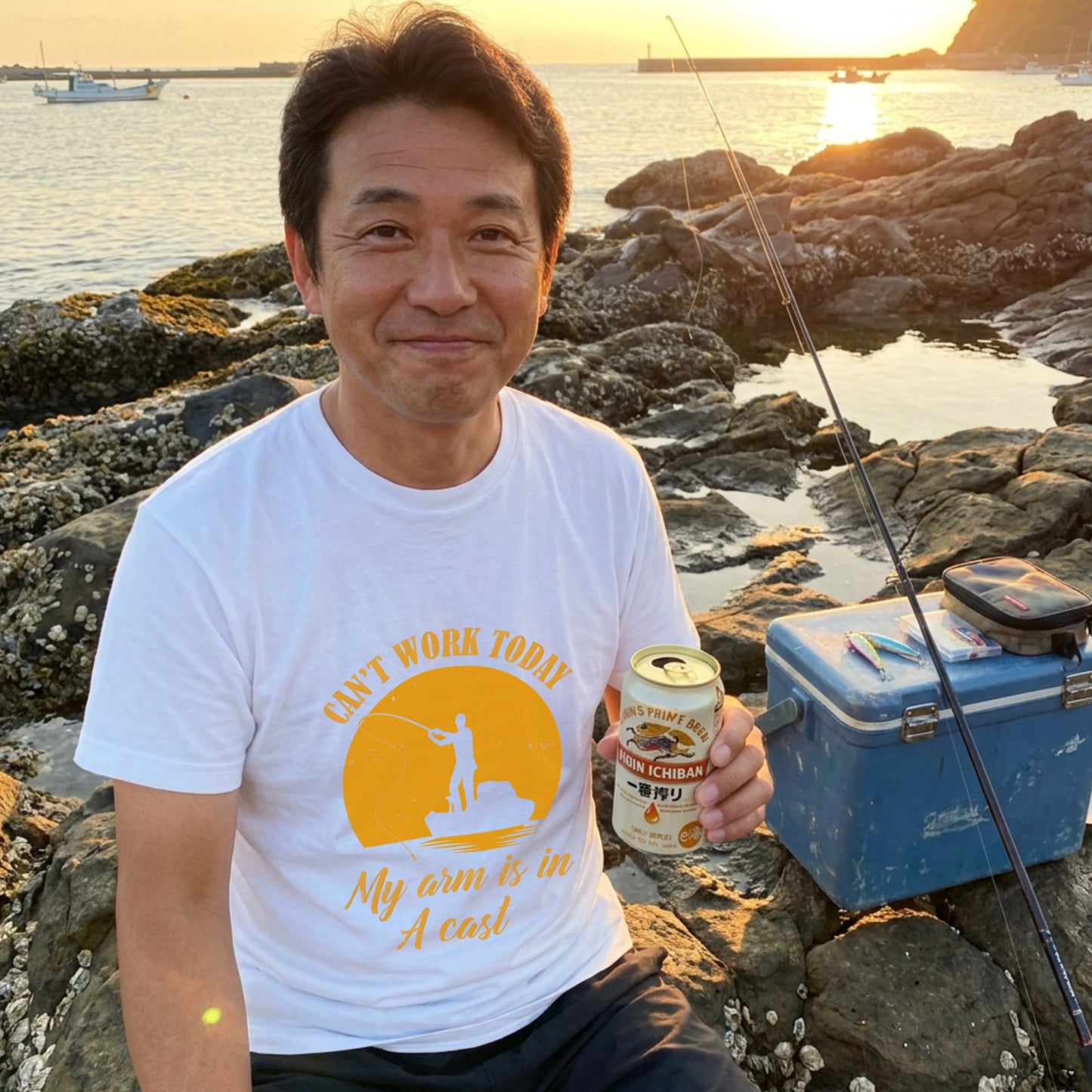 CAN'T WORK TODAY 釣りダジャレ英字 サンセット黒Tシャツ | CASTMODE