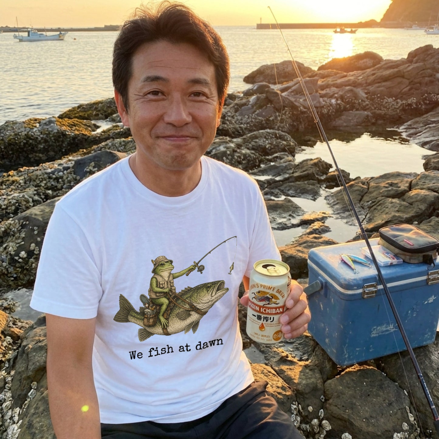 「We Fish at Dawn」ブラックバスに跨るカエル ヴィンテージ風Tシャツ | CASTMODE