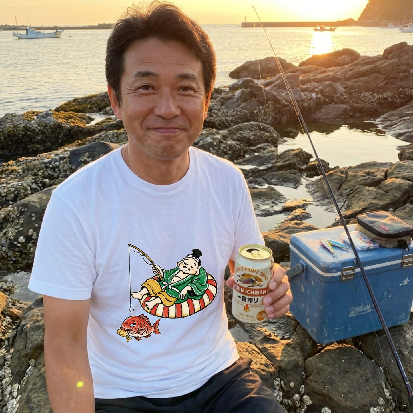 EBISU SUMMER | 手描き風 恵比寿様 釣り タイ バカンス グラフィック Tシャツ【和風レトロ・釣り人・普段着・オシャレ・ギフトに最適】