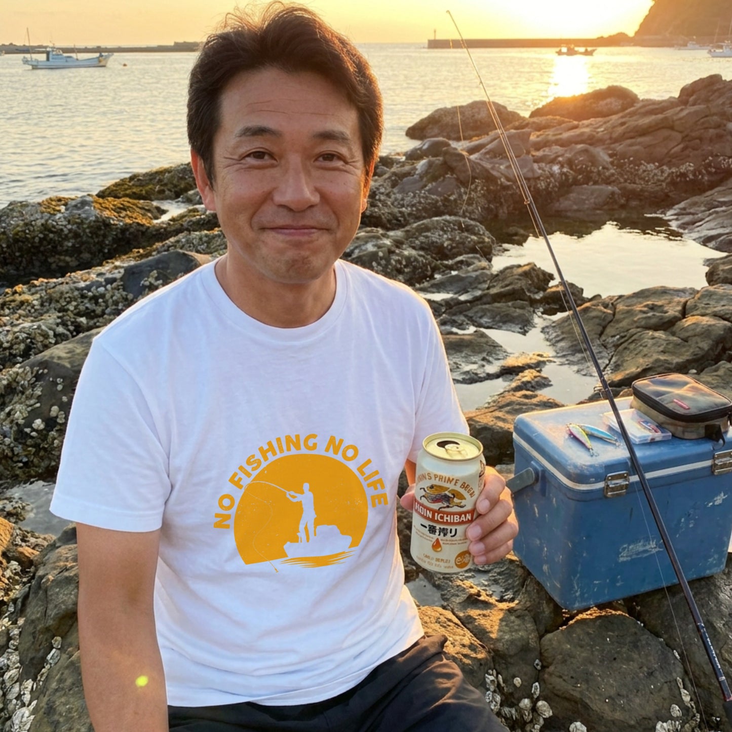 「NO FISHING NO LIFE」夕日 船釣り Tシャツ - かっこいい 釣り 服 | CASTMODE