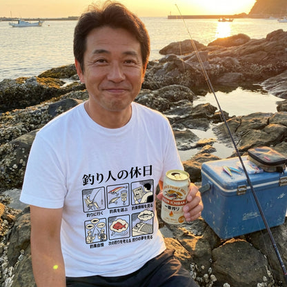 「釣り人の休日」6コマ漫画風 おもしろ白Tシャツ | CASTMODE
