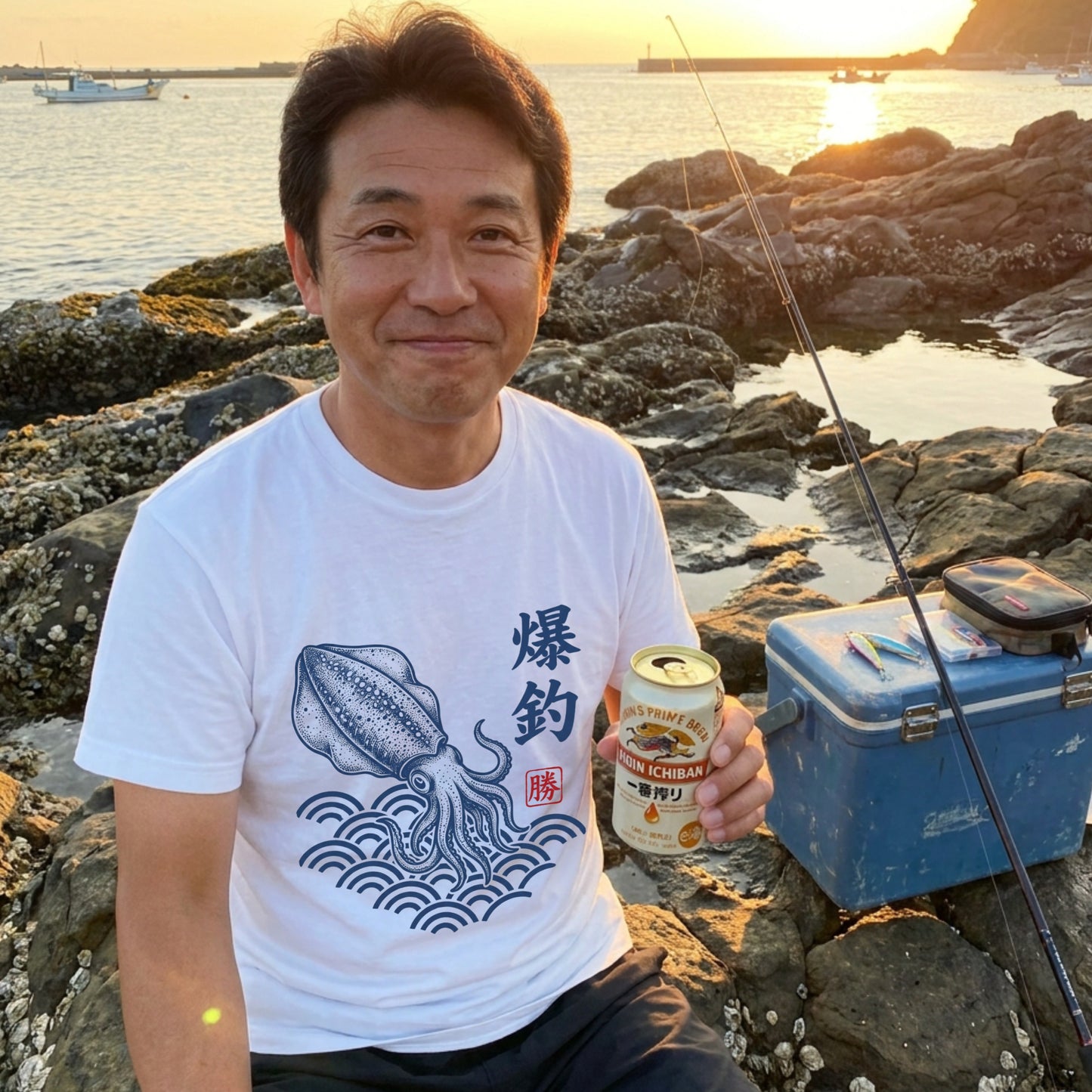 【爆釣・浮世絵風イカデザイン】白Tシャツ | CASTMODE