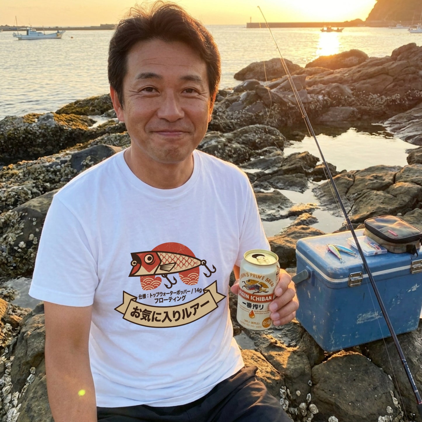 お気に入りルアー レトロ和風デザイン白Tシャツ | CASTMODE