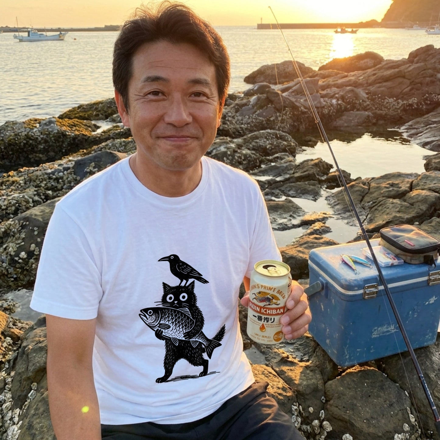 「魚を抱く黒猫とカラス」木版画風 ホワイトアートTシャツ | CASTMODE