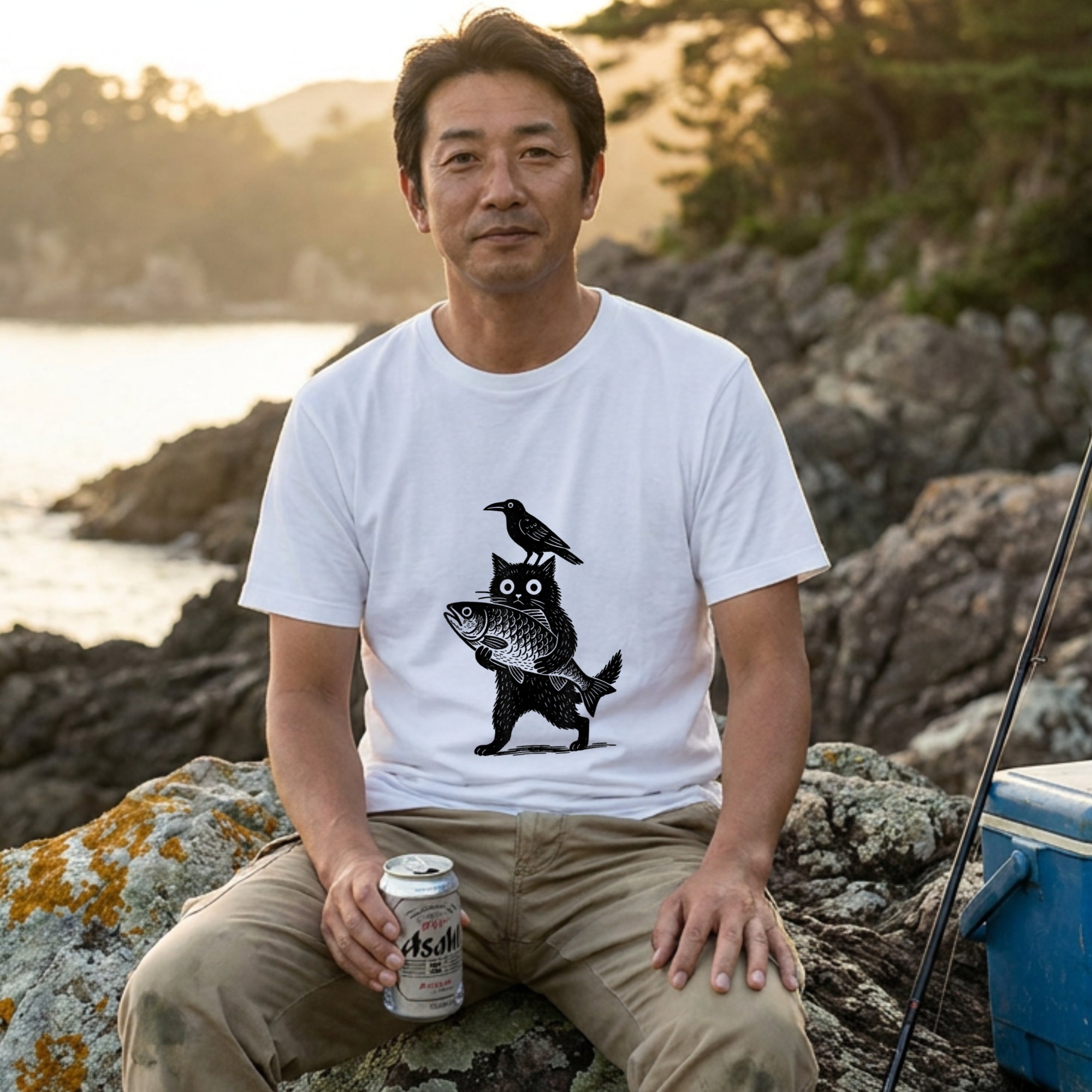魚を抱く黒猫とカラス」木版画風 ホワイトアートTシャツ | CASTMODE