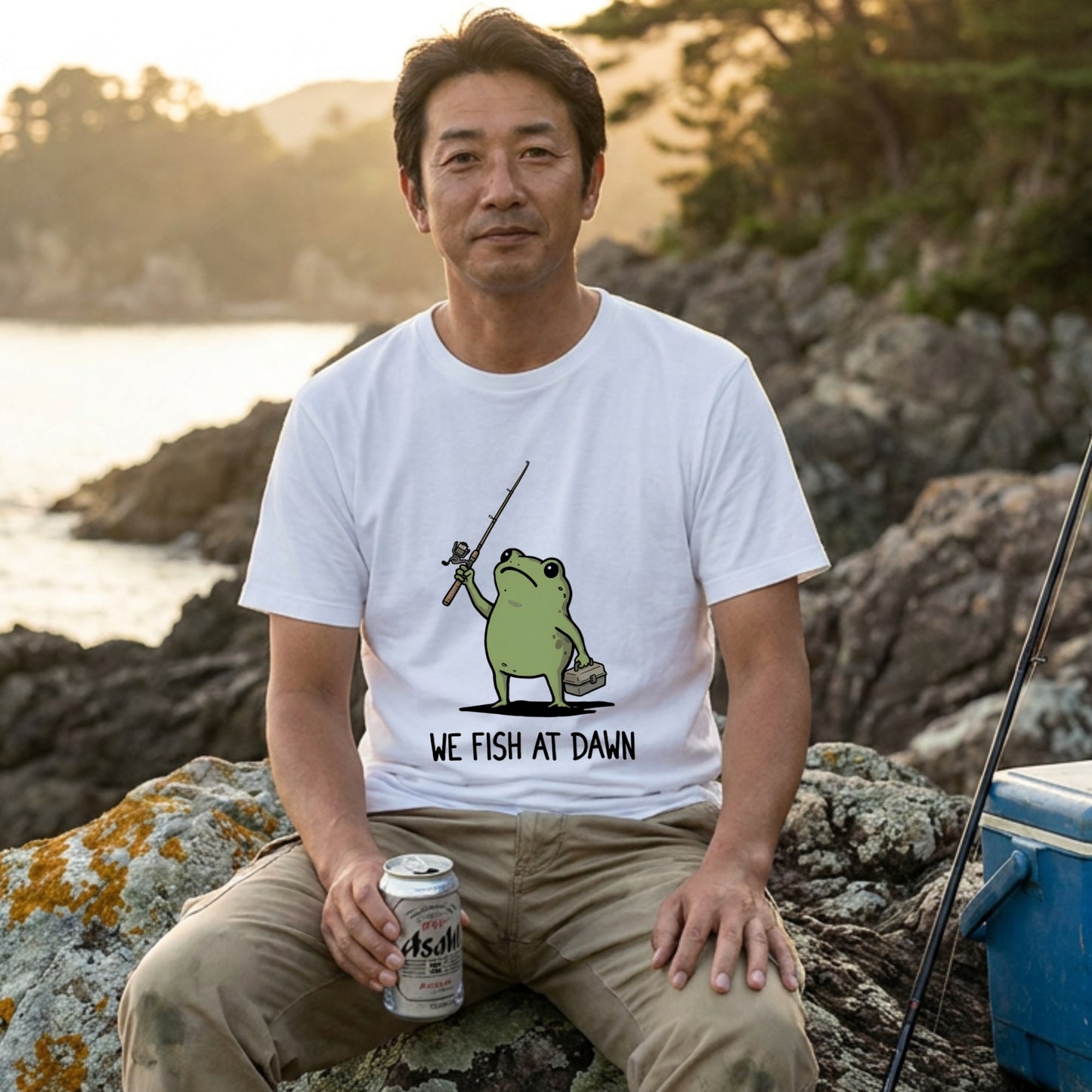 「WE FISH AT DAWN」タックルボックス持つ蛙 ゆるカワ白Tシャツ | CASTMODE