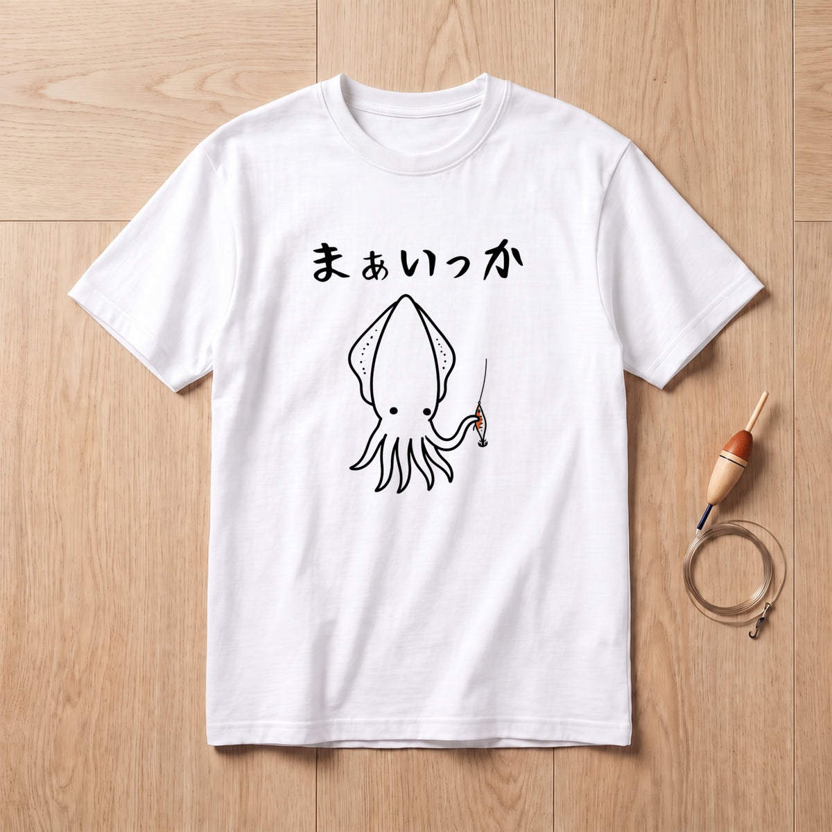 ホワイト まあいっか イカ釣りTシャツ フロントプリント
