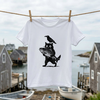 「魚を抱く黒猫とカラス」木版画風 ホワイトアートTシャツ | CASTMODE