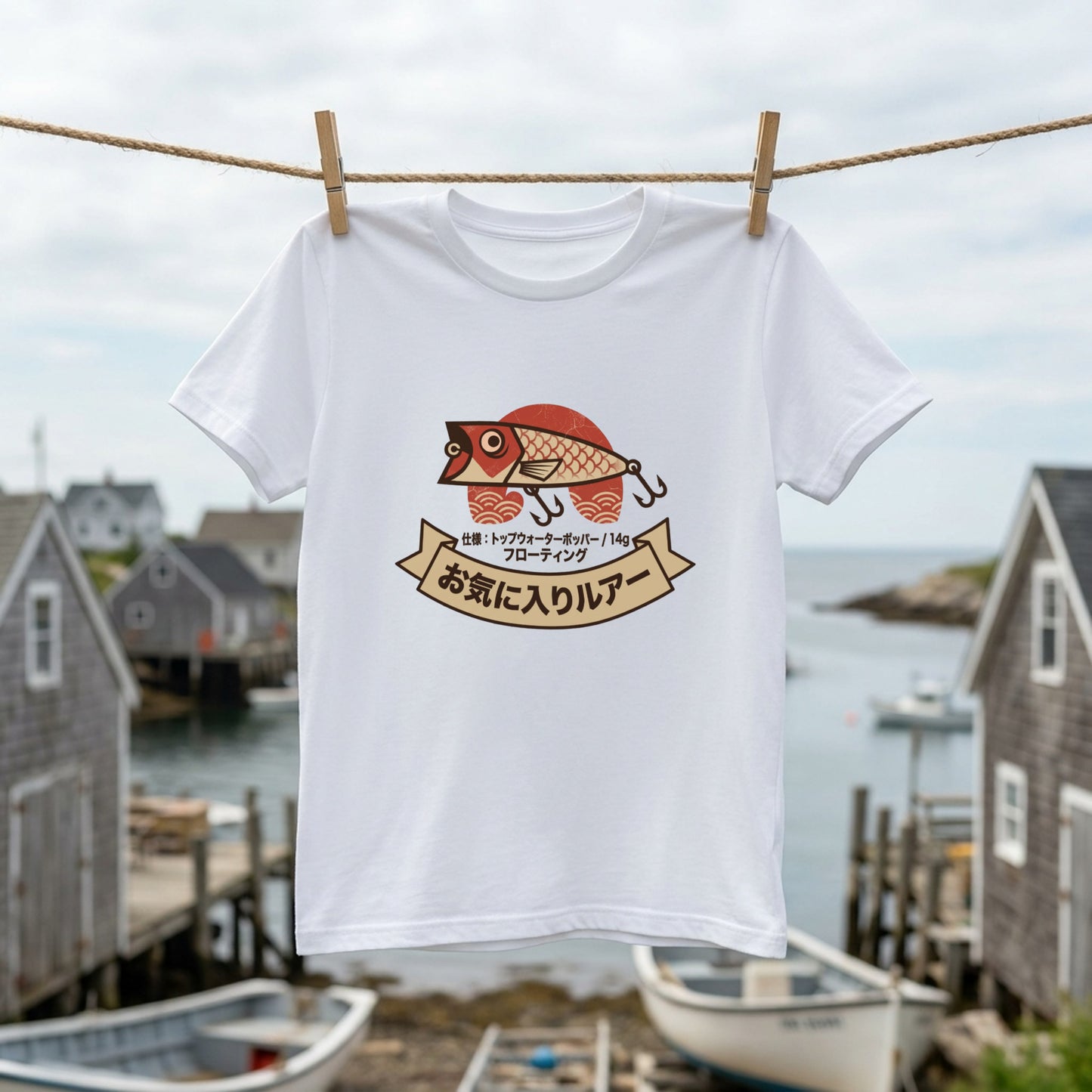 お気に入りルアー レトロ和風デザイン白Tシャツ | CASTMODE