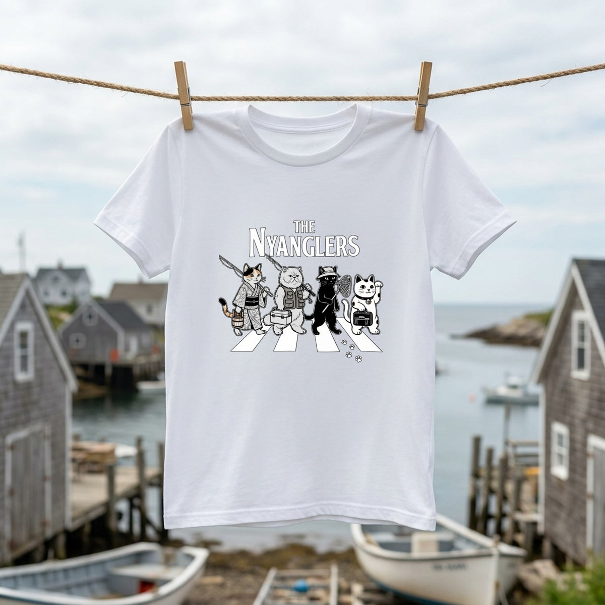 THE NYANGLERS | 招き猫 釣り猫 横断歩道 ゆるかわ パロディ Tシャツ【猫グッズ・釣り人・アウトドア・プレゼントに最適】