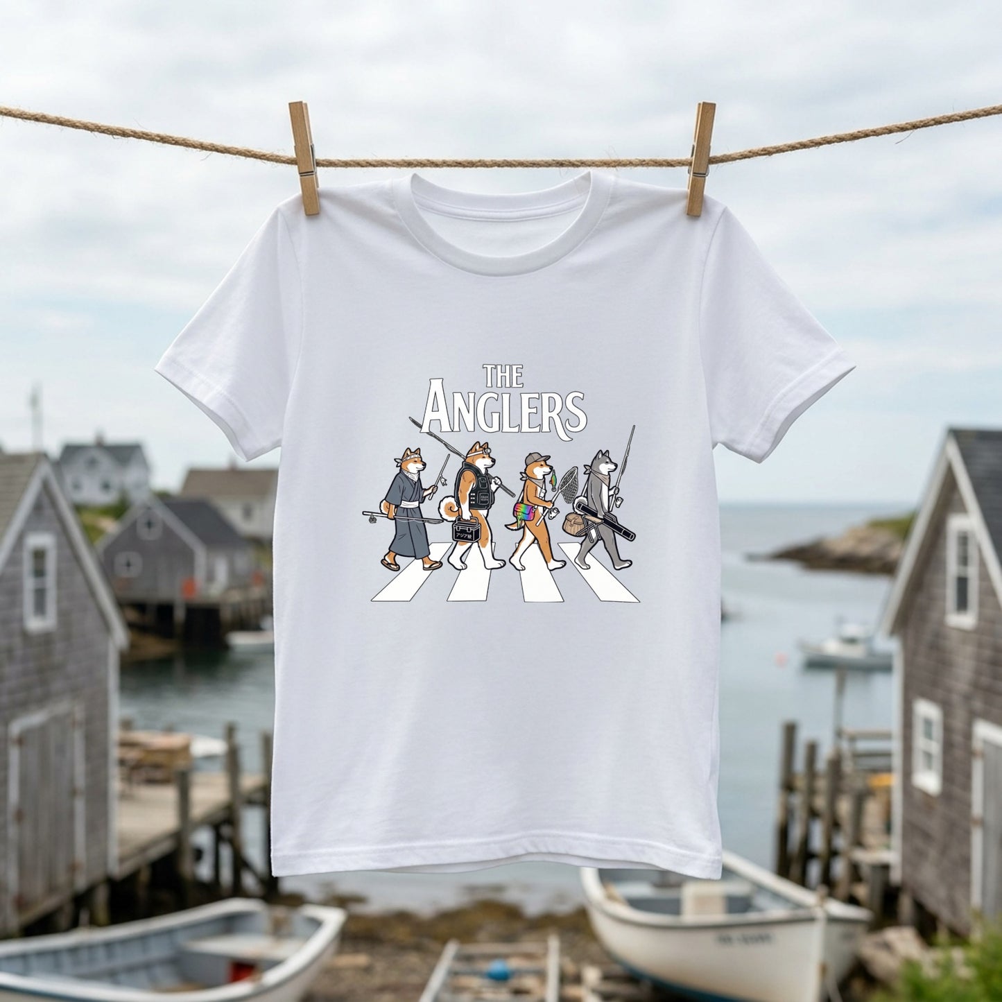 THE ANGLERS AKITA | 釣り人 秋田犬 横断歩道 ゆるかわ パロディ Tシャツ【犬好き・愛犬家・和犬・釣りグッズ・イベント・プレゼントに最適】