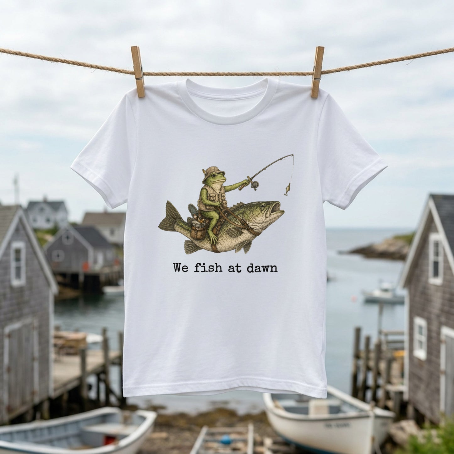 「We Fish at Dawn」ブラックバスに跨るカエル ヴィンテージ風Tシャツ | CASTMODE