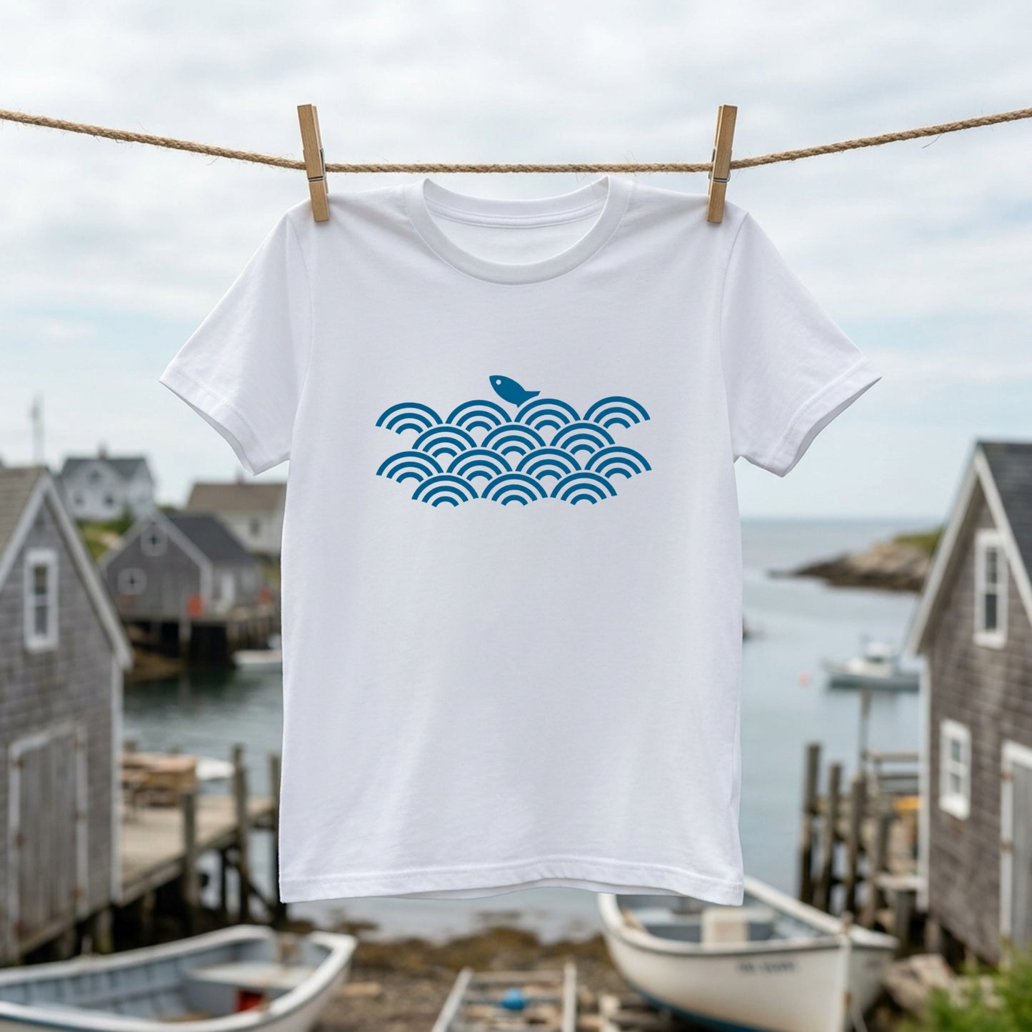 青海波と魚 ワンポイントTシャツ｜和柄・藍色の釣りシャツ | CASTMODE