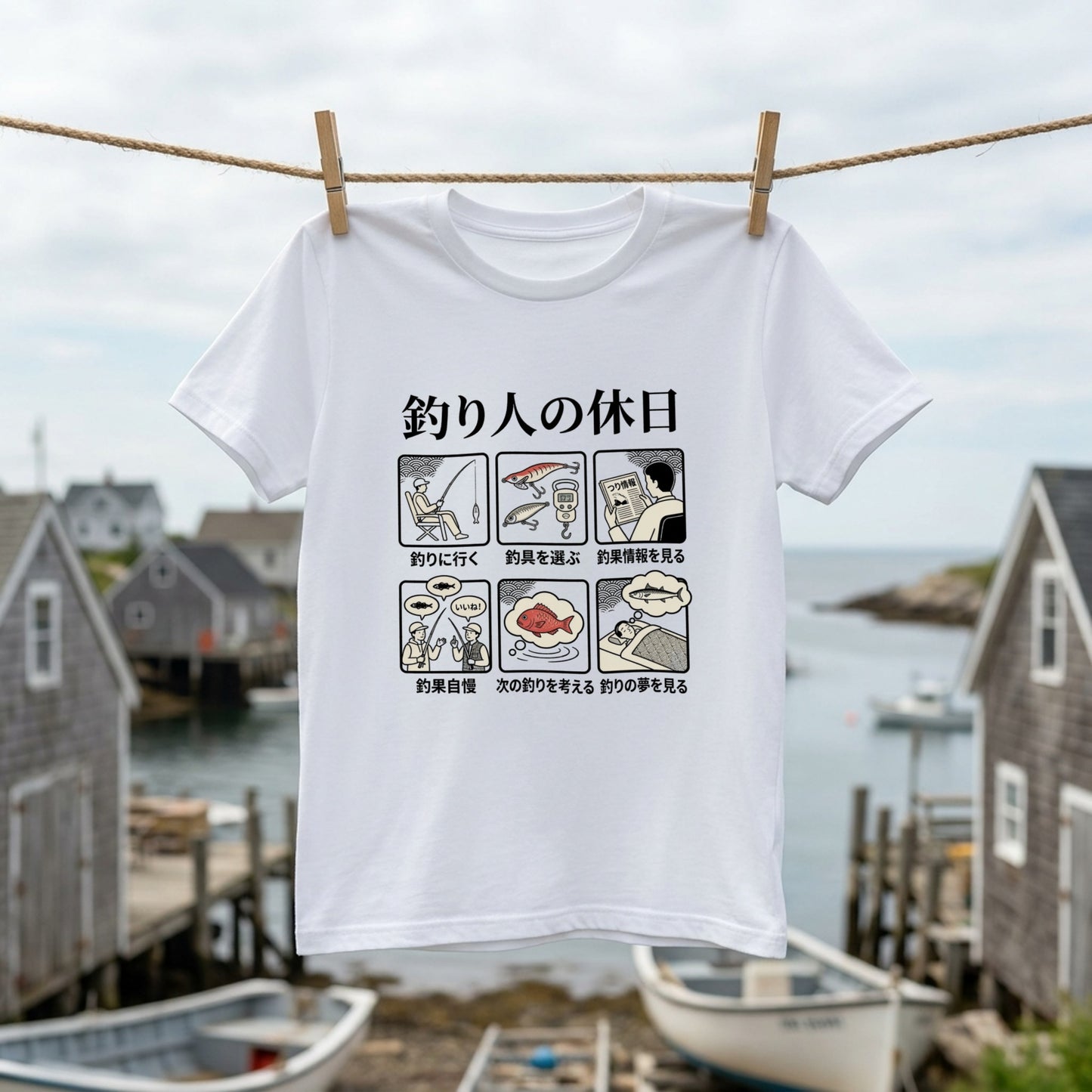 「釣り人の休日」6コマ漫画風 おもしろ白Tシャツ | CASTMODE