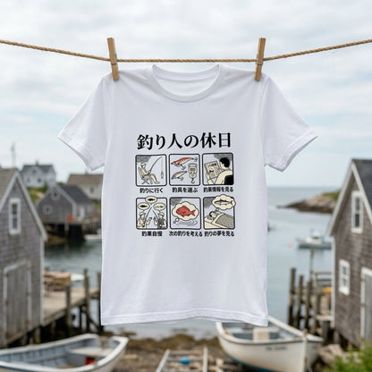「釣り人の休日」6コマ漫画風 おもしろ白Tシャツ | CASTMODE