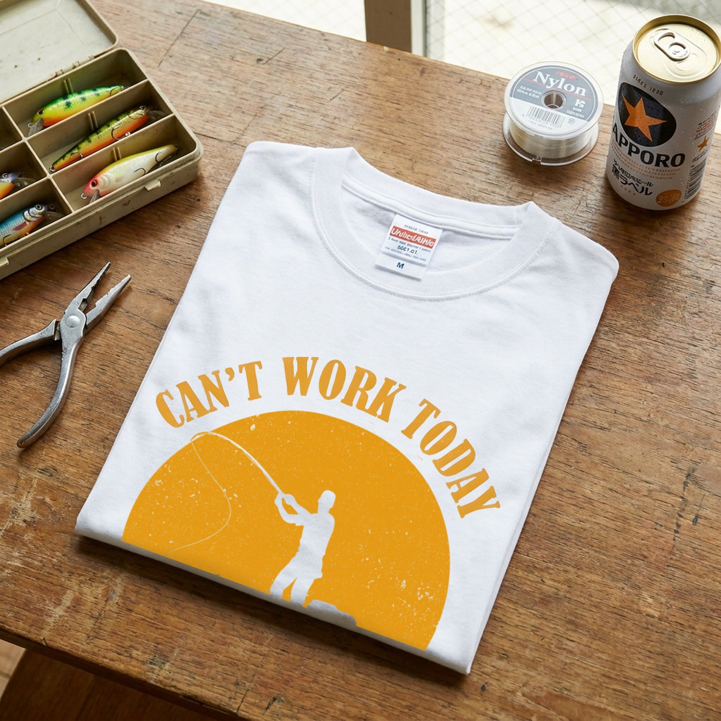 CAN'T WORK TODAY 釣りダジャレ英字 サンセット黒Tシャツ | CASTMODE