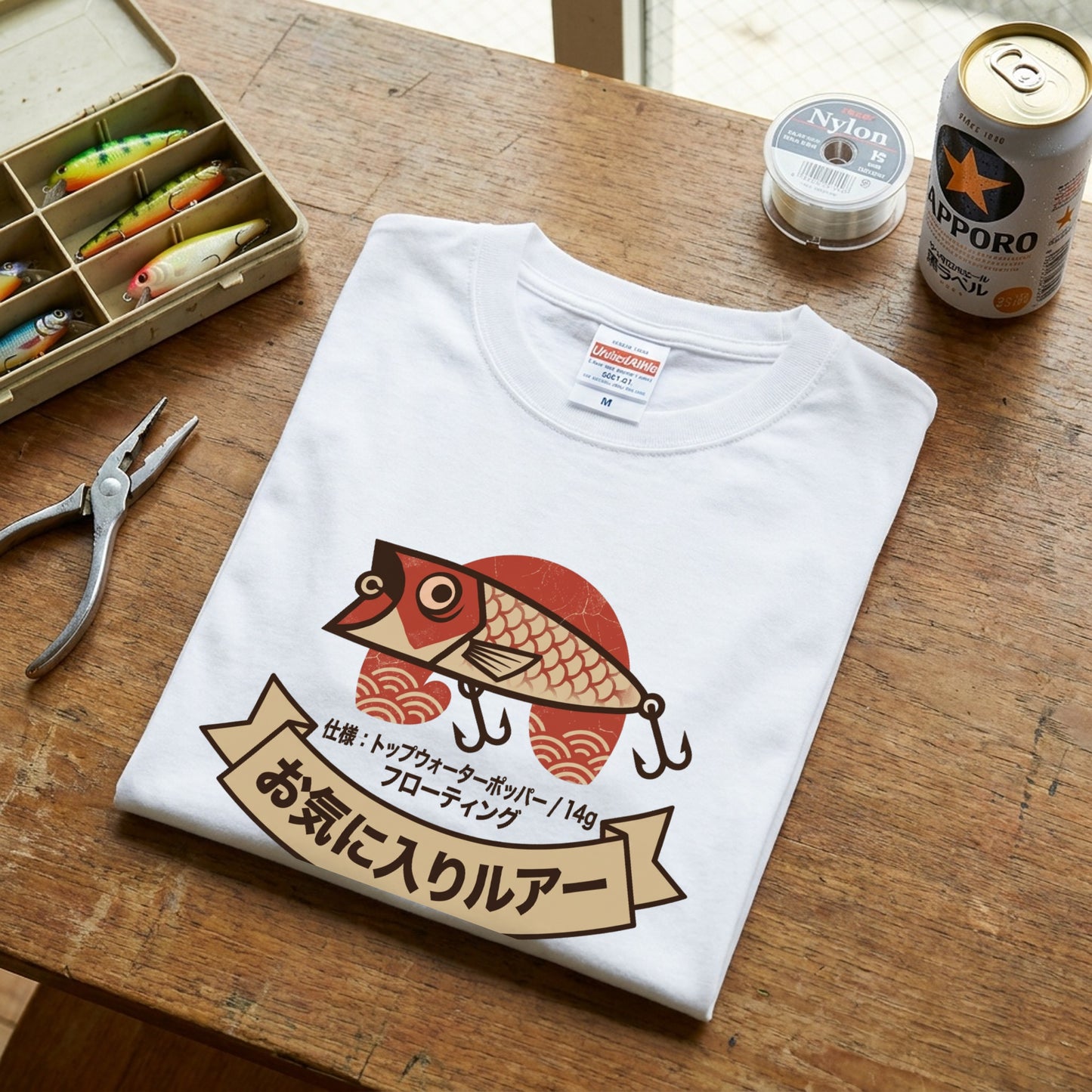 お気に入りルアー レトロ和風デザイン白Tシャツ | CASTMODE