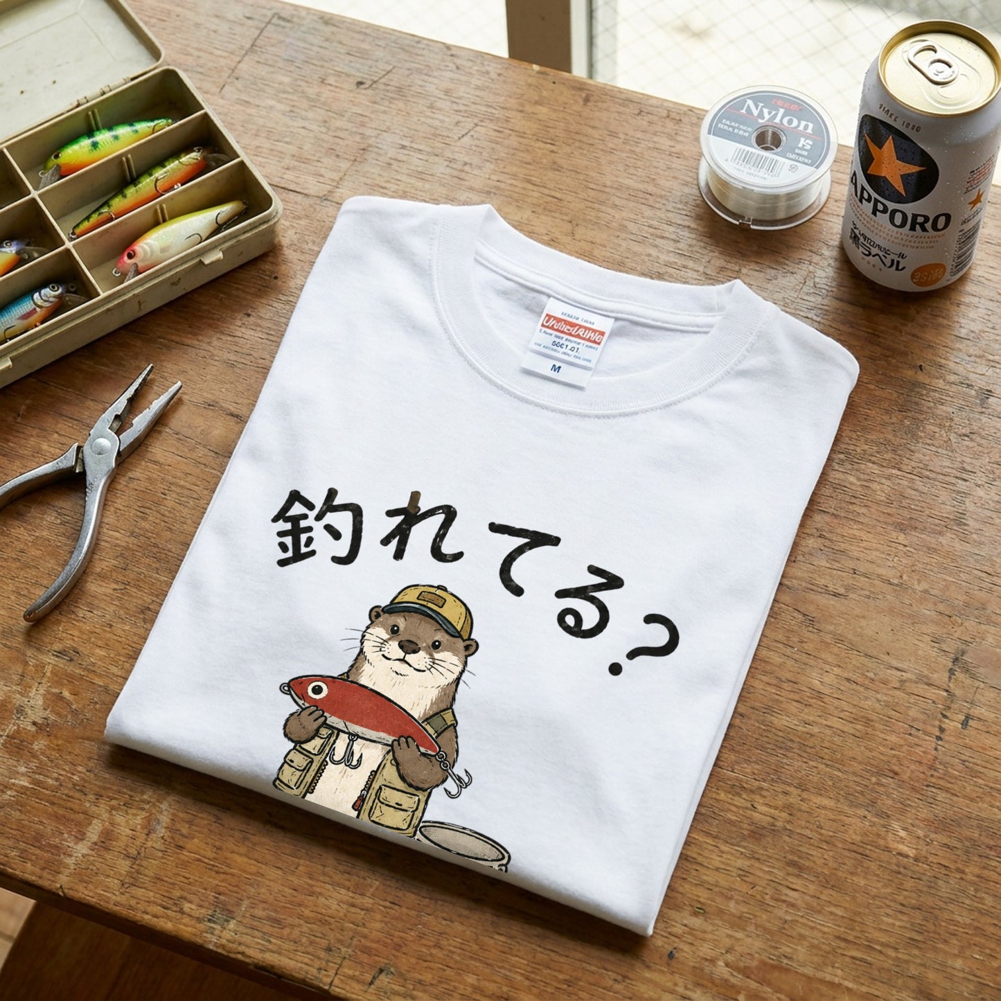 FISHING OTTER | ゆるかわ カワウソ 釣りガール 釣り男子 メッセージ グラフィック Tシャツ【動物雑貨・普段着・キャンプ・ユニセックス・ギフトに最適】