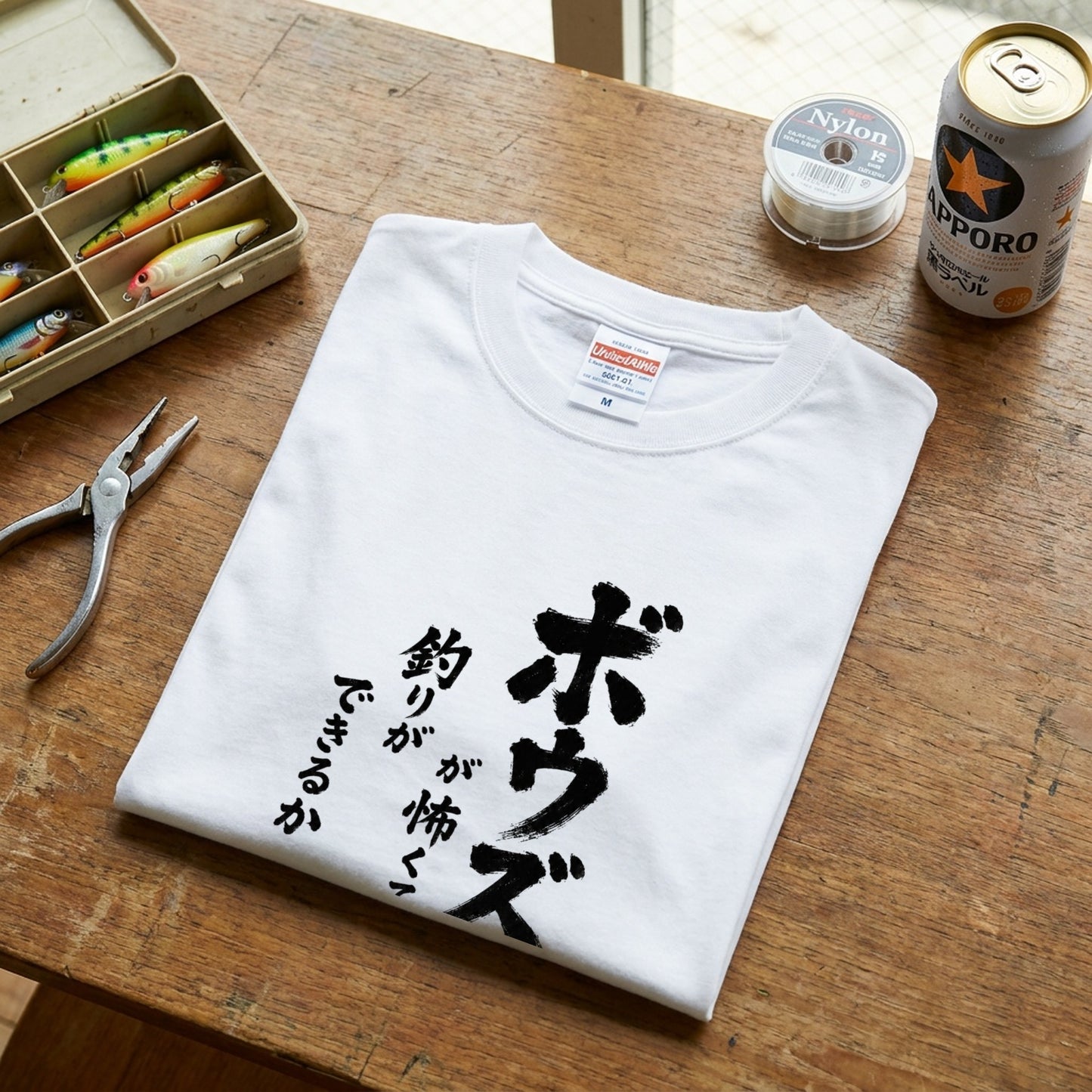 ボウズ覚悟 | 釣り人 漢の背中 墨文字 堤防 魚釣り おもしろ メッセージ Tシャツ【アングラー・フィッシング・磯釣り・父の日・ネタT・プレゼントに最適】