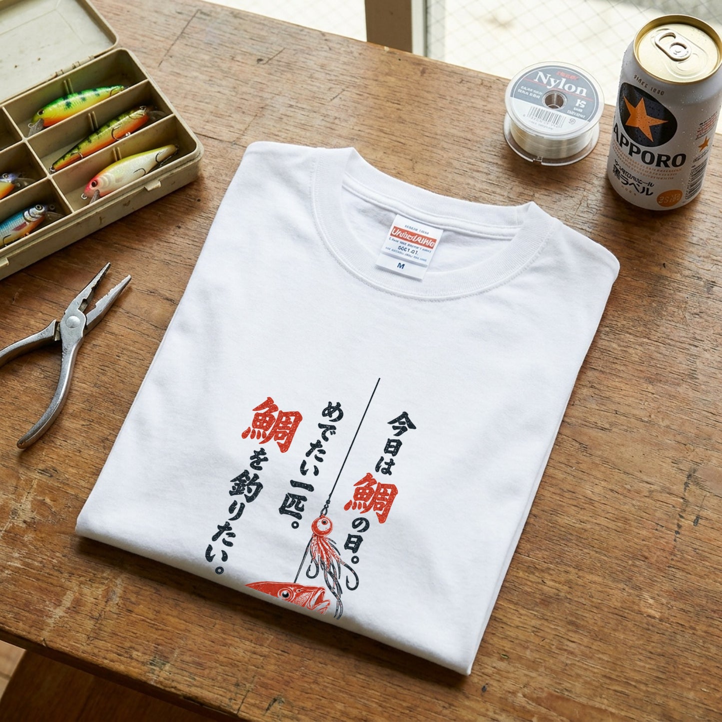 めでたい一匹 | 鯛釣り 筆文字デザイン 鯛ラバ仕掛け 和風 魚グラフィック Tシャツ【釣りウェア・アウトドア・普段着・オシャレ・ギフトに最適】