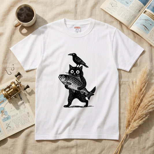 「魚を抱く黒猫とカラス」木版画風 ホワイトアートTシャツ | CASTMODE