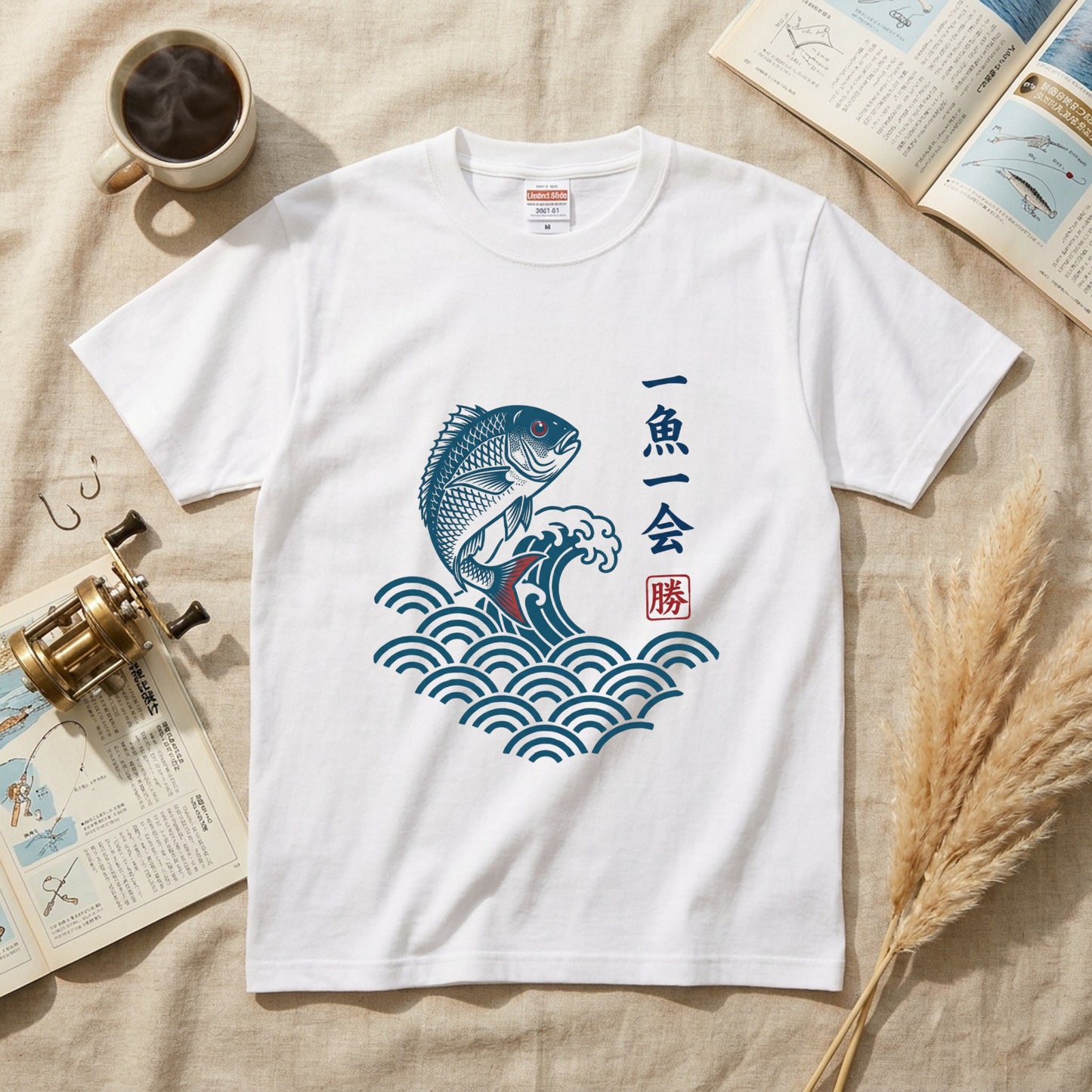 【一魚一会・浮世絵風和風デザイン】メンズ白Tシャツ | CASTMODE