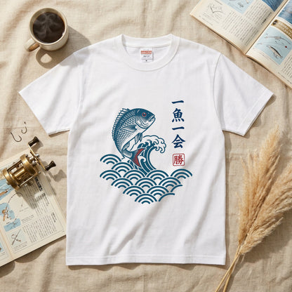 【一魚一会・浮世絵風和風デザイン】メンズ白Tシャツ | CASTMODE