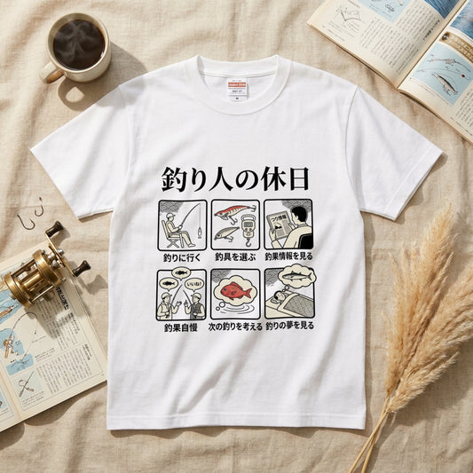 「釣り人の休日」6コマ漫画風 おもしろ白Tシャツ | CASTMODE