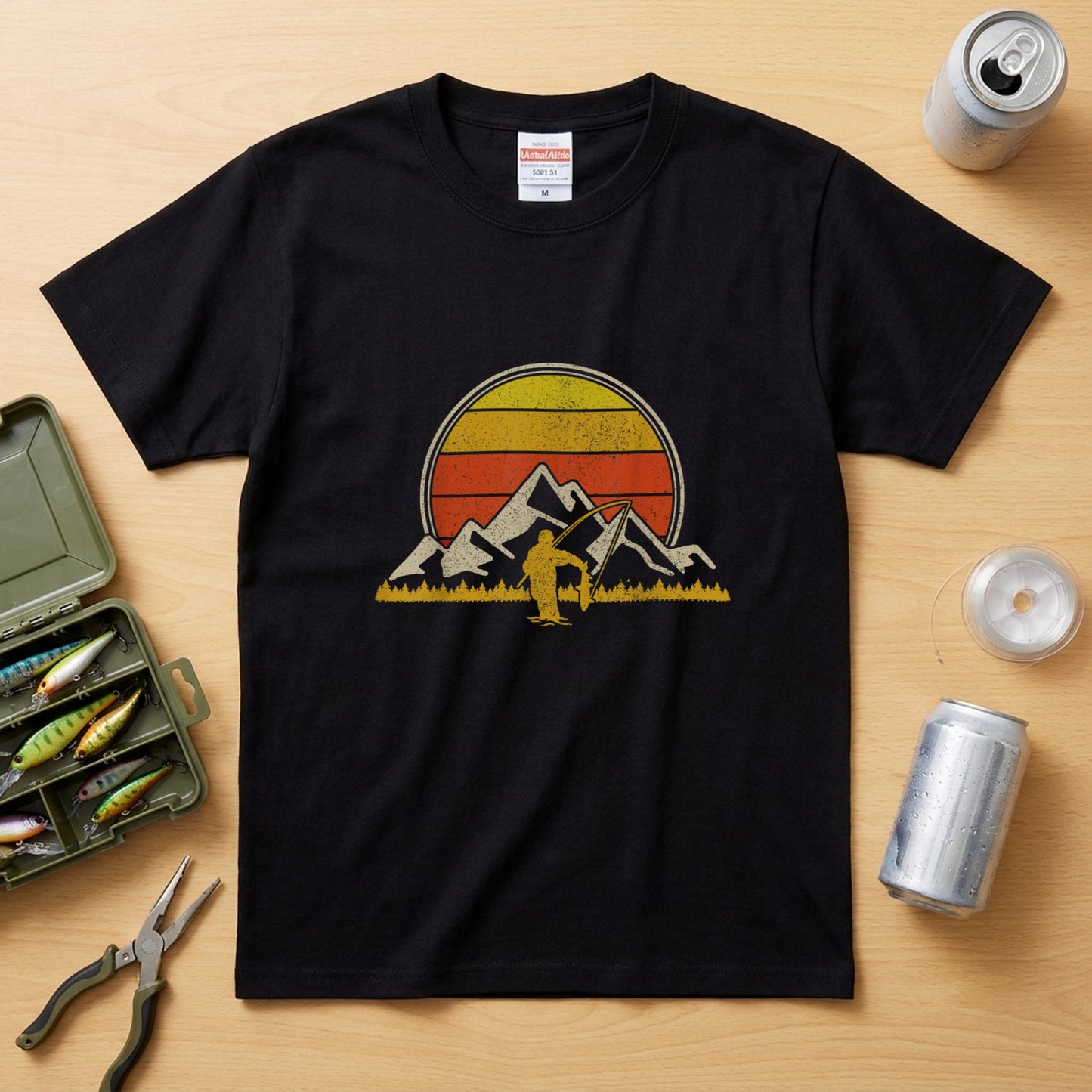 【ヴィンテージ風】山脈×サンセット 渓流釣り アングラー アート黒Tシャツ | CASTMODE