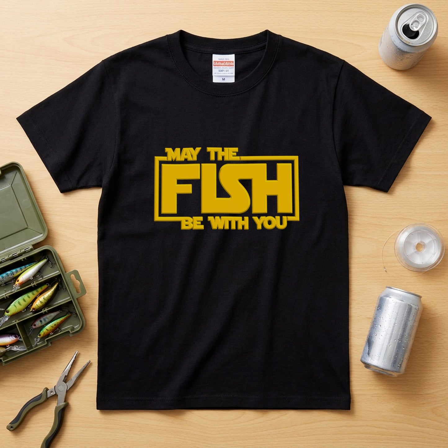 【MAY THE FISH BE WITH YOU】おもしろ 釣りジョーク黒Tシャツ | CASTMODE