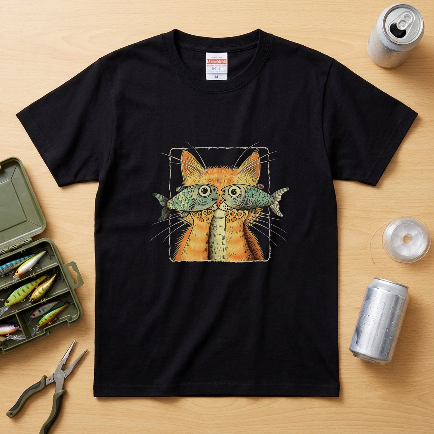 【魚メガネ茶トラ猫】シュールで可愛いお魚メガネ猫 イラスト黒Tシャツ | CASTMODE