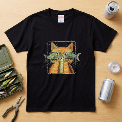 【魚メガネ茶トラ猫】シュールで可愛いお魚メガネ猫 イラスト黒Tシャツ | CASTMODE