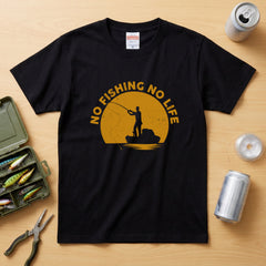 「NO FISHING NO LIFE」夕日の船釣りTシャツ