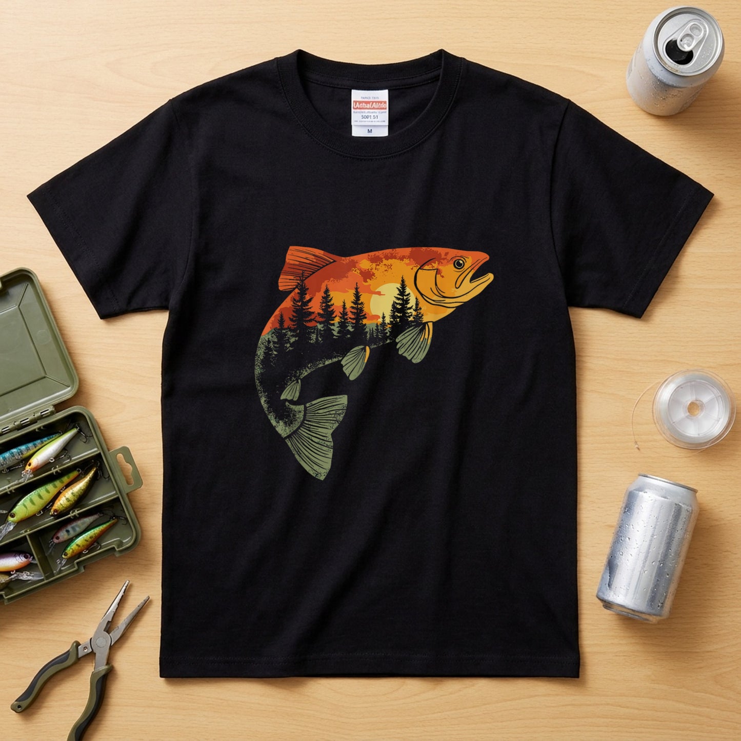 【トラウト×森林サンセット】二重露光風 ネイチャーアート黒Tシャツ | CASTMODE