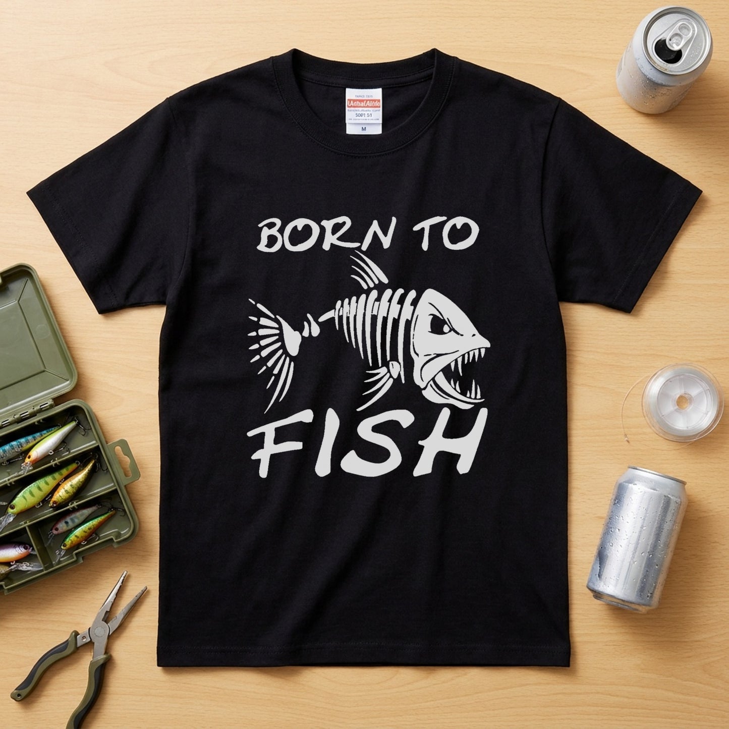 「BORN TO FISH」フィッシュスカル（魚骨）ストリート風黒Tシャツ | CASTMODE