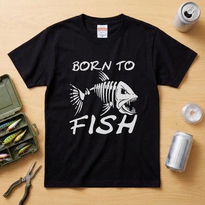 「BORN TO FISH」フィッシュスカル（魚骨）ストリート風黒Tシャツ | CASTMODE
