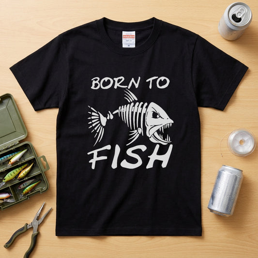 「BORN TO FISH」フィッシュスカル（魚骨）ストリート風黒Tシャツ | CASTMODE