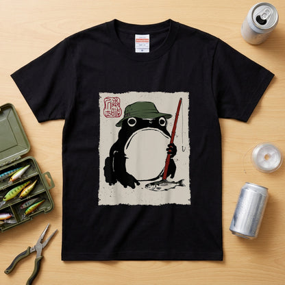 「Japanese Frog Angler」和モダン カエル絵図 Tシャツ