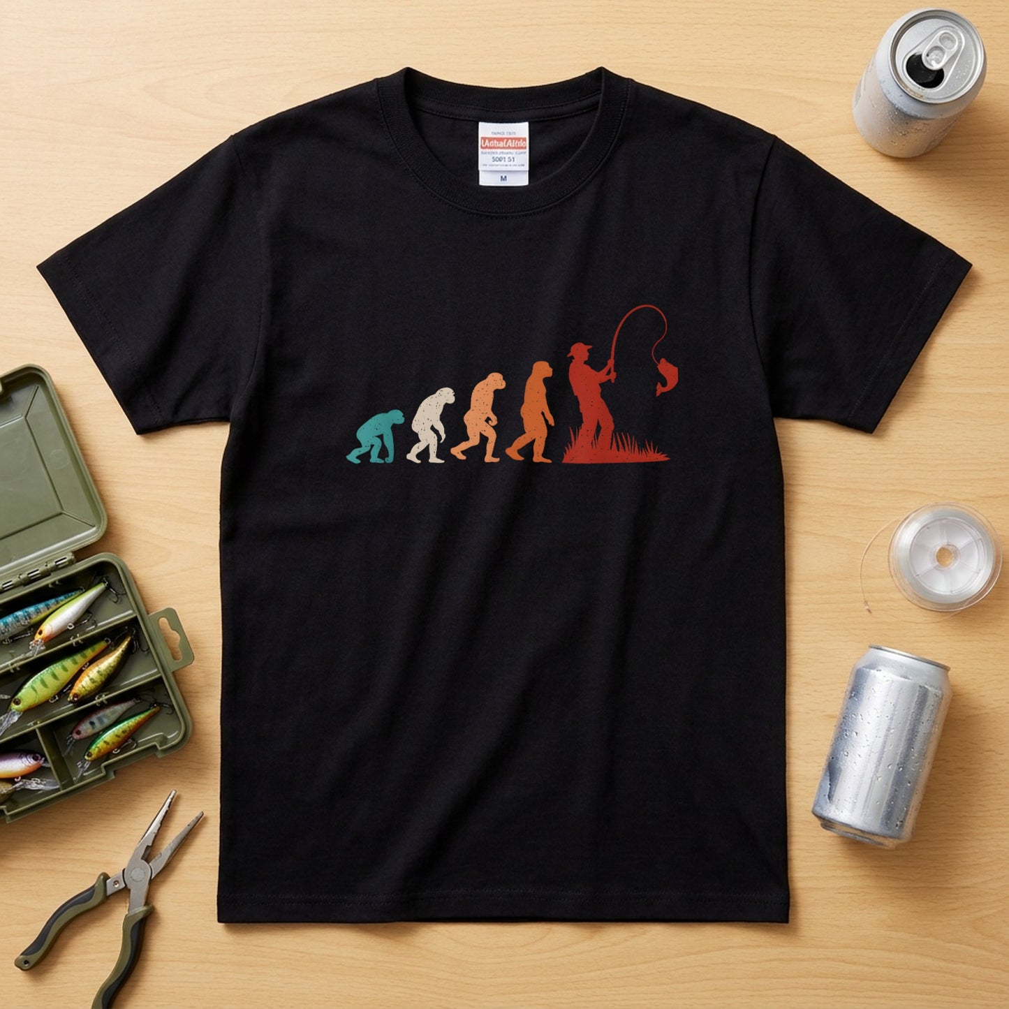 人類の進化（エボリューション）釣り人 レトログラデーション黒Tシャツ | CASTMODE