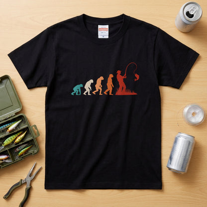 人類の進化（エボリューション）釣り人 レトログラデーション黒Tシャツ | CASTMODE