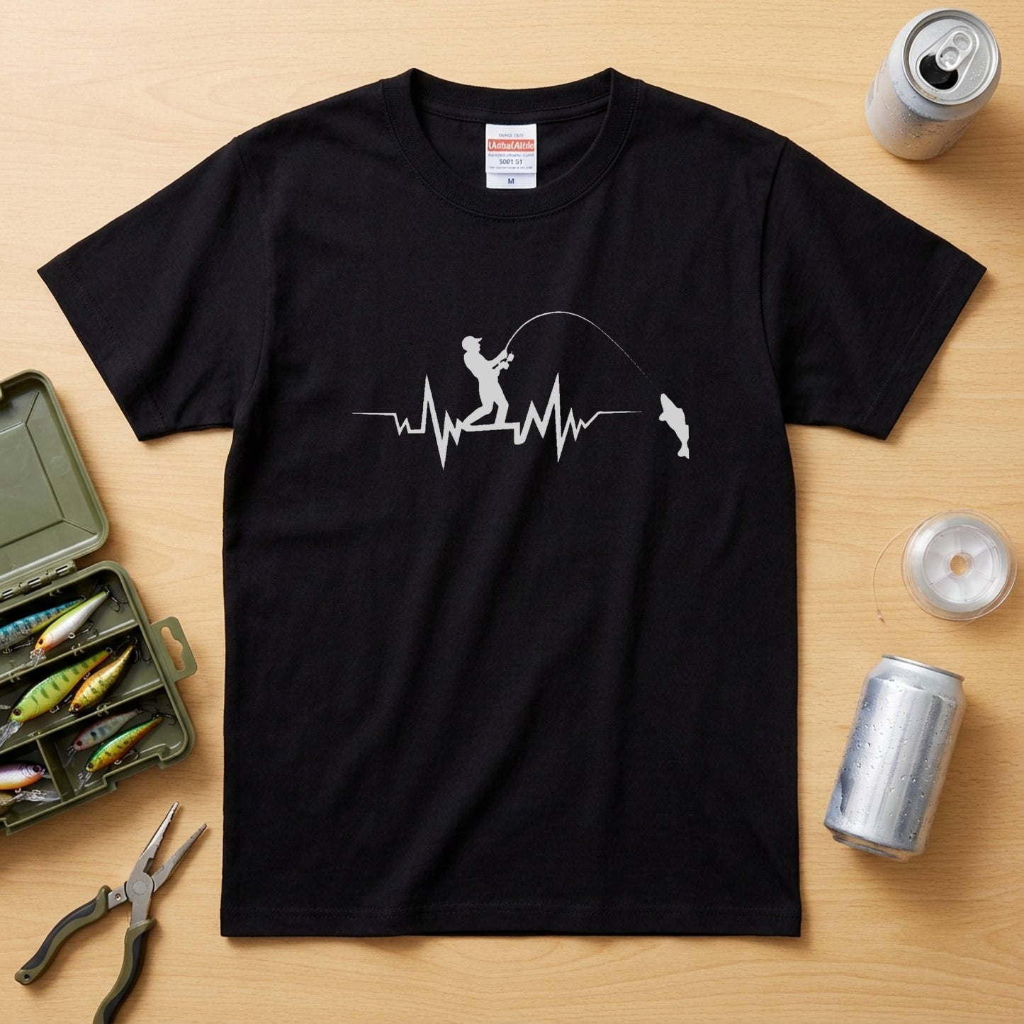 釣り心電図（ハートビート）アングラー シルエット黒Tシャツ | CASTMODE