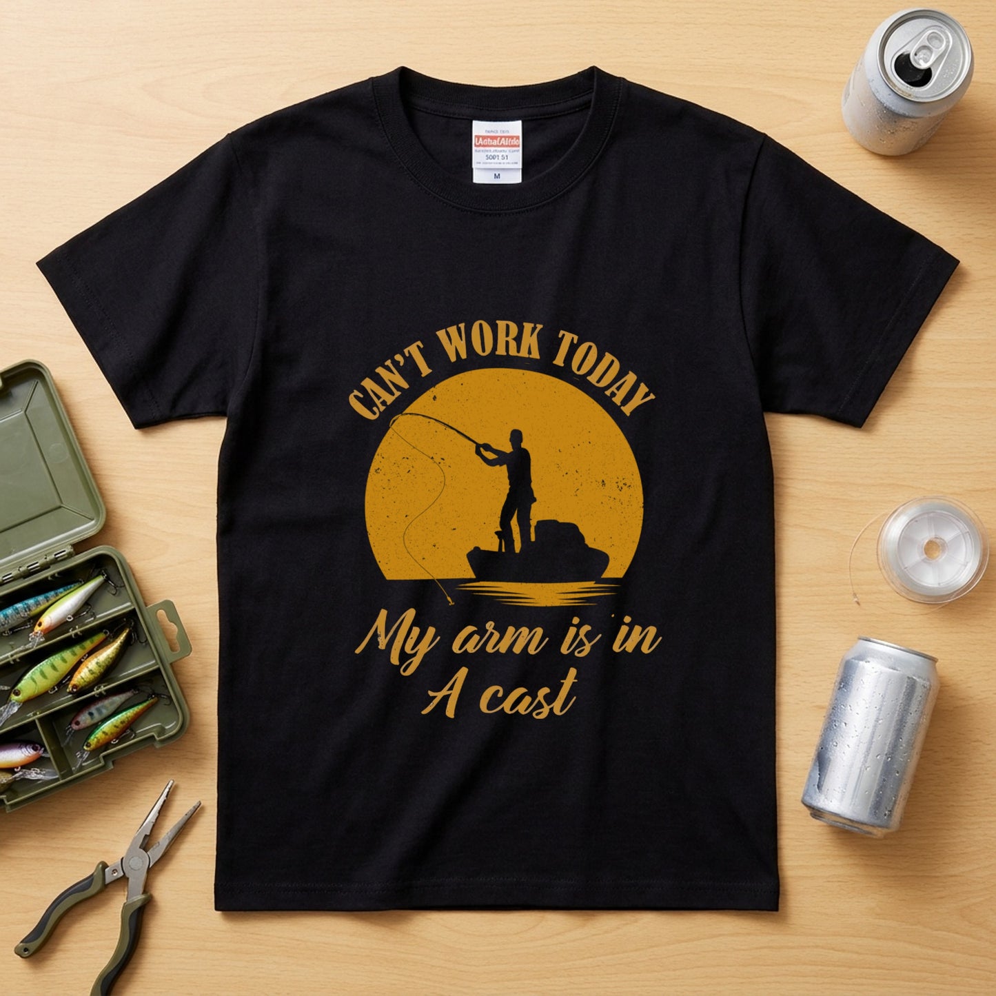 CAN'T WORK TODAY 釣りダジャレ英字 サンセット黒Tシャツ | CASTMODE