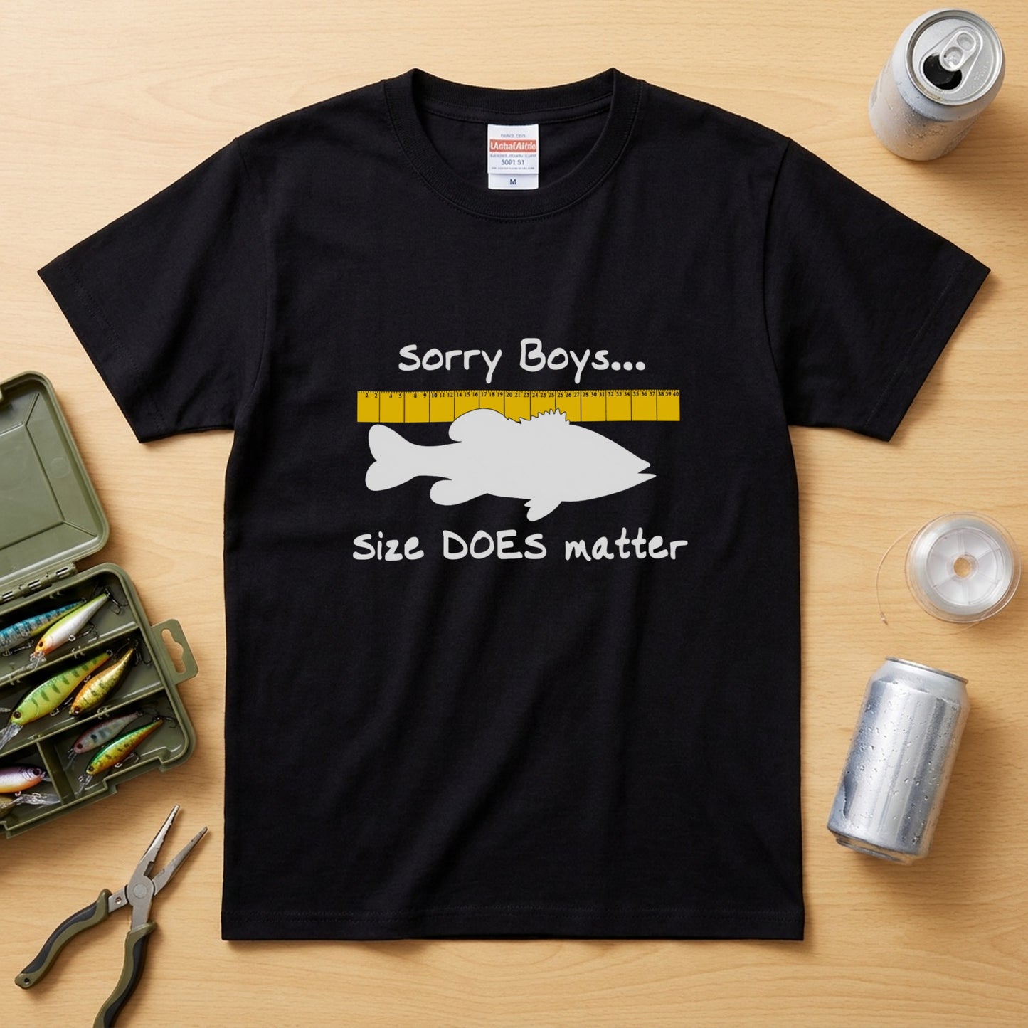 【Sorry Boys... Size DOES matter】おもしろ 釣りジョーク黒Tシャツ | CASTMODE