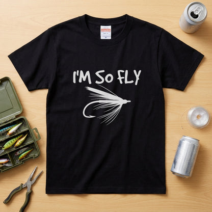 【I'M SO FLY】フライフィッシング 毛鉤（フライ）イラスト黒Tシャツ | CASTMODE