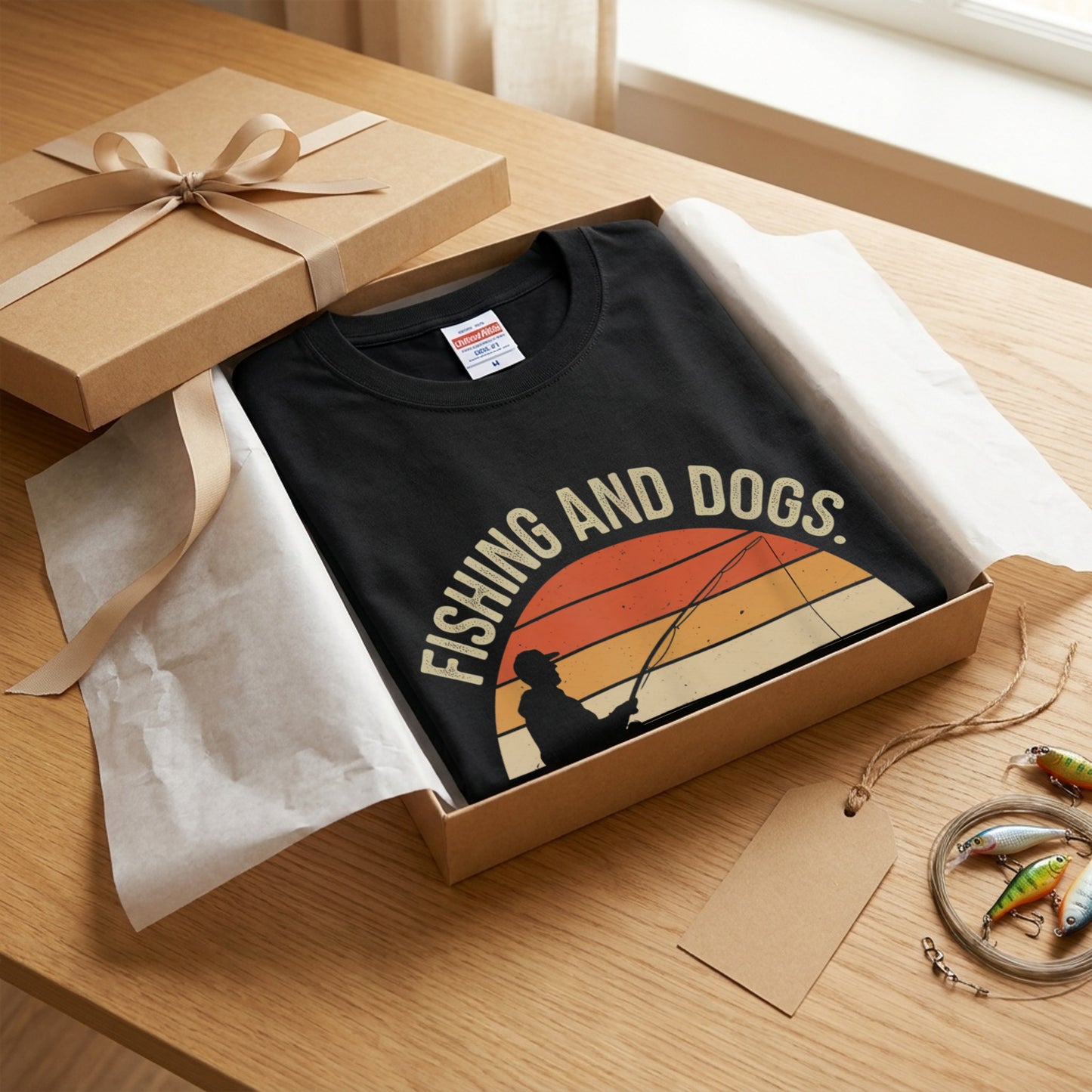 「FISHING AND DOGS」愛犬＆釣り レトロサンセットTシャツ | CASTMODE