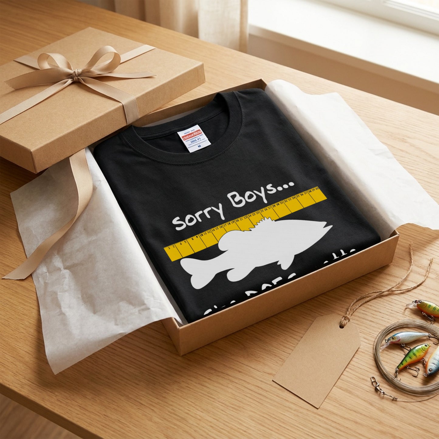 【Sorry Boys... Size DOES matter】おもしろ 釣りジョーク黒Tシャツ | CASTMODE