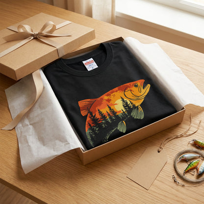 【トラウト×森林サンセット】二重露光風 ネイチャーアート黒Tシャツ | CASTMODE