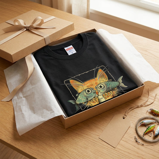 【魚メガネ茶トラ猫】シュールで可愛いお魚メガネ猫 イラスト黒Tシャツ | CASTMODE