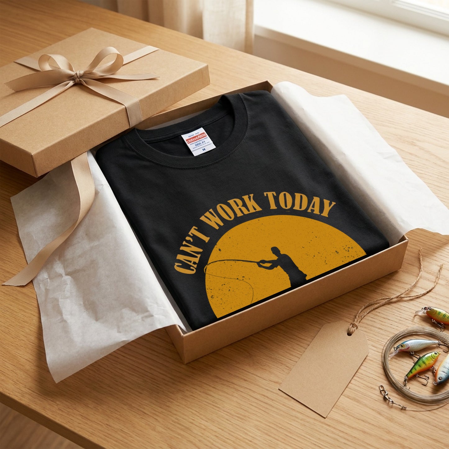 CAN'T WORK TODAY 釣りダジャレ英字 サンセット黒Tシャツ | CASTMODE